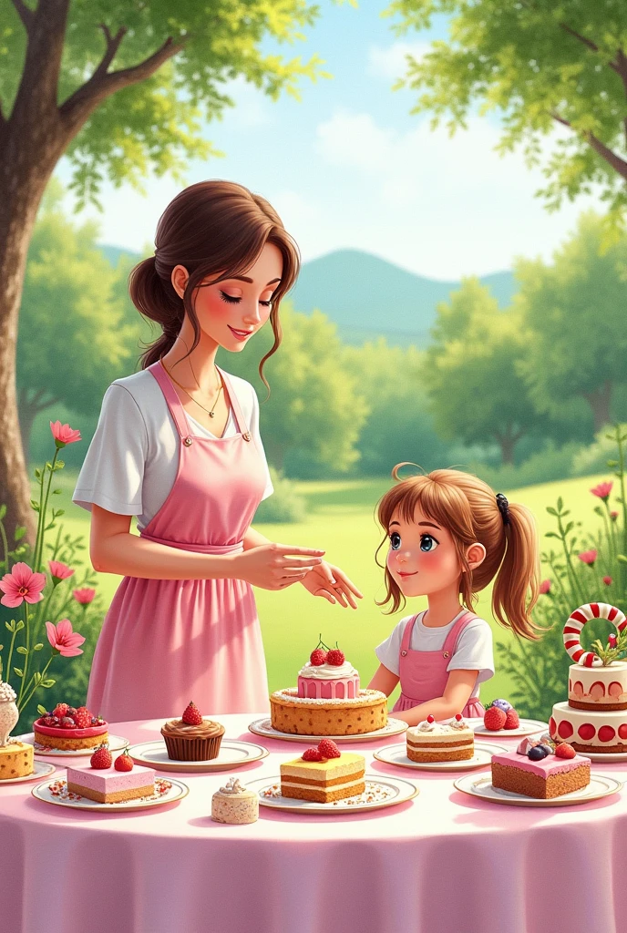 Create a watercolour theme about a daughter and her mom set up a beautiful table in the garden in Sweetopia Ville and placed each dessert on a colorful plate and added some cheerful decorations