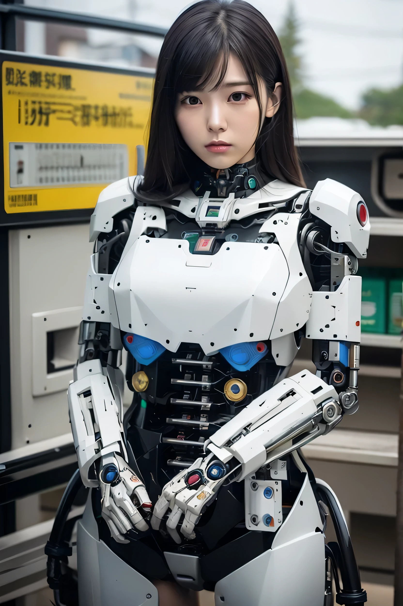masterpiece, best quality, extremely detailed,  Japaese Cyborg girl,Plump , control panels,android,Droid,Mechanical Hand, Robot arms and legs, Black Robot Parts,Black hair,Mechanical body,Blunt bangs,White robotics parts,perfect robot girl,long tube,thick cable connected her neck,ceramic body ,mechanical body, mechanical ear cover, mechanical costume,android,robot,humanoid,cyborg,japanese android woman ,mechanical chest,full eyes,future laboratory,connecting a cable between the legs,blank eyes,hypnosis