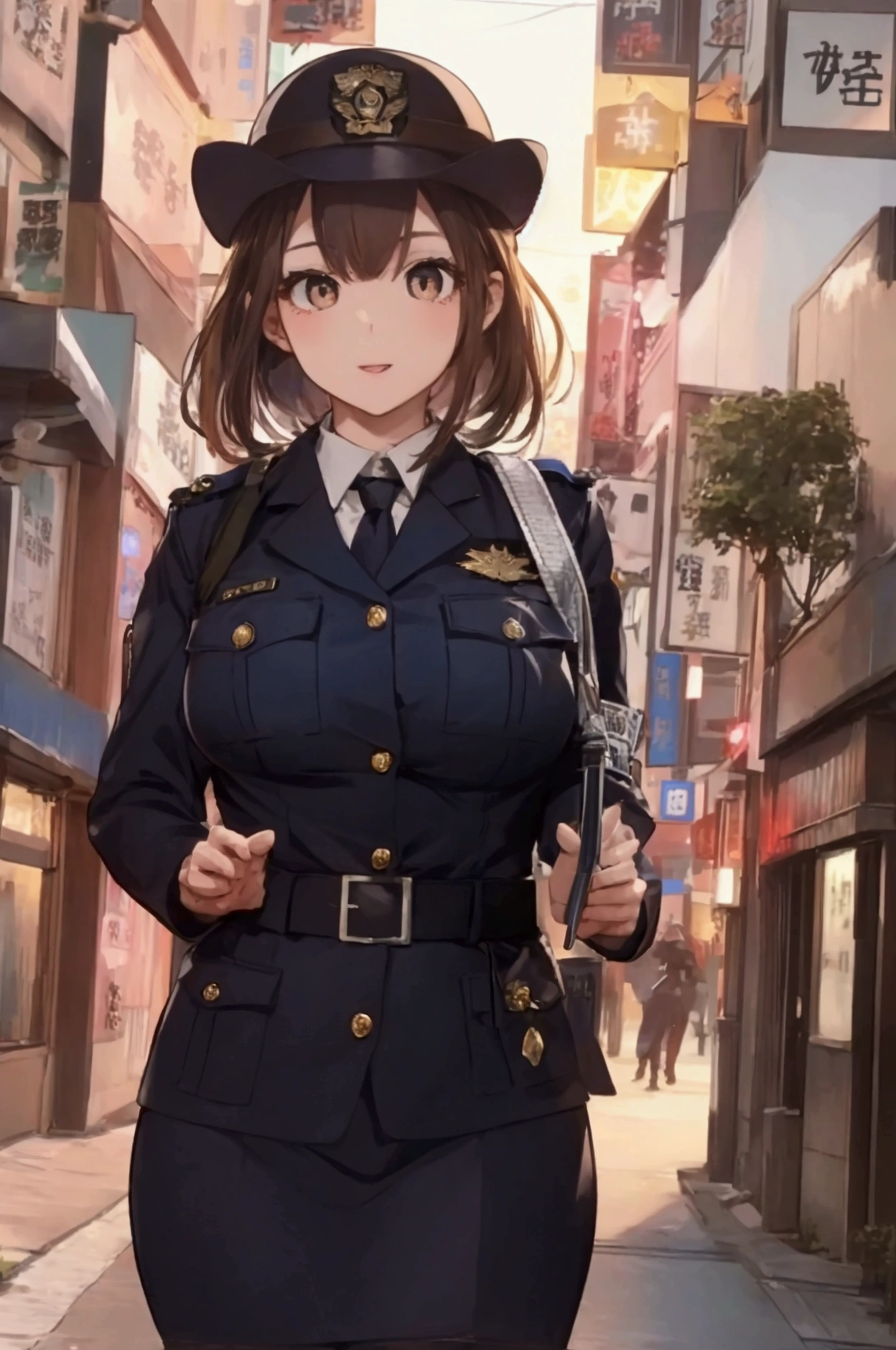 (ultra highres、ultra quality、Masterpiece、8k、),A girl with light  hair drawn in high resolution policewoman.japannse police woman、Young and cute 、Asian woman,s hot, Japanese Model, Cute Core,  , Chubby 、(big breast)、Town、Fluffy white blouse