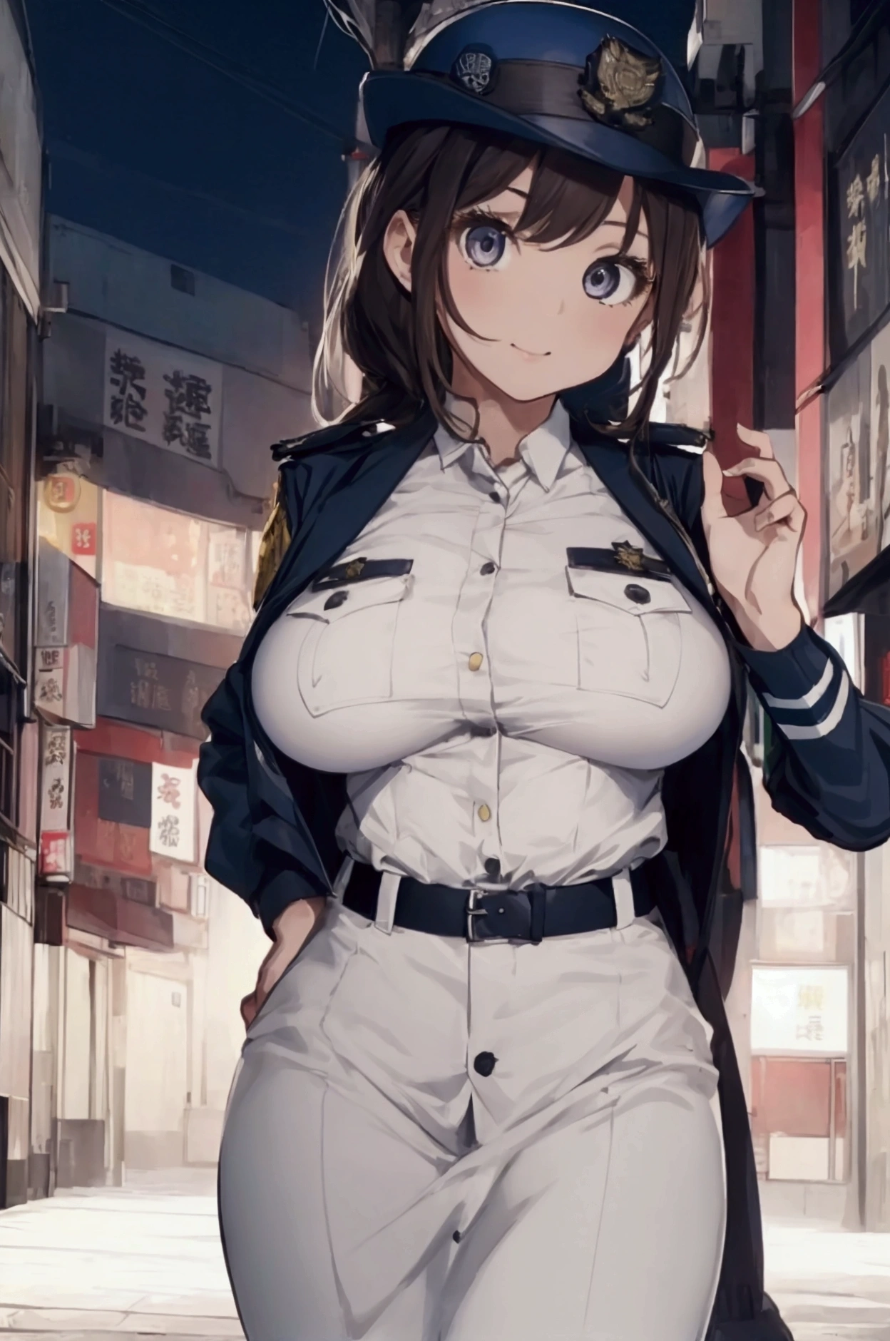 (ultra highres、ultra quality、Masterpiece、8k、),A girl with light  hair drawn in high resolution policewoman.japannse police woman、Young and cute 、Asian woman,s hot, Japanese Model, Cute Core,  , Chubby 、(big breast)、Town、Fluffy white blouse