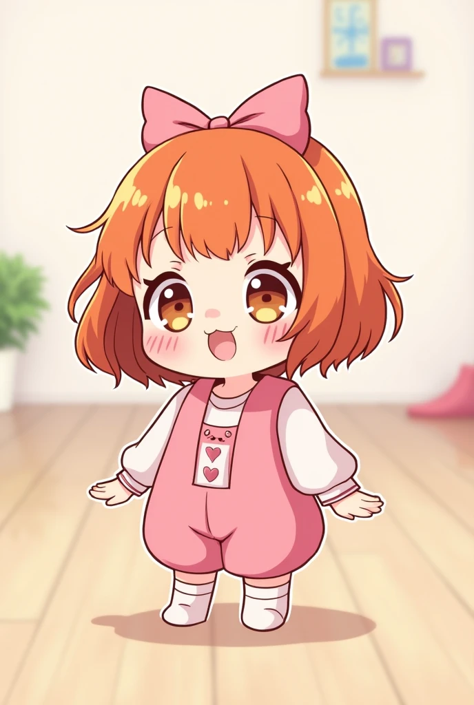 Ginger anime girl with cute bangs. Wearing pink cute bow outfit 