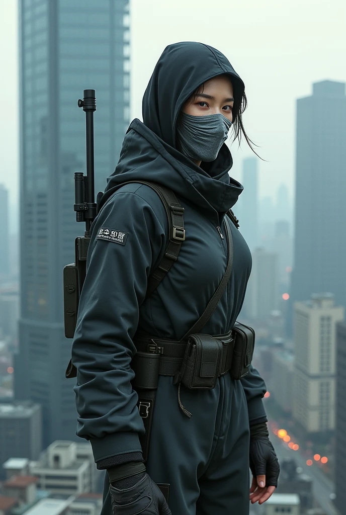 Chinese female sniper wearing a cloth mask standing on the roof of a high-rise building without a head covering