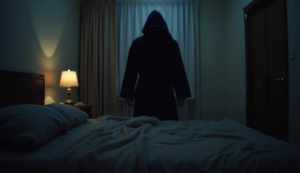 First person view, a dark shadow hunched figure in dark robe stands at the end of a bed, a blanket is covering a pair of the viewer's feet. It is midnight and the small room is dimly lit by an unseen night lamp 