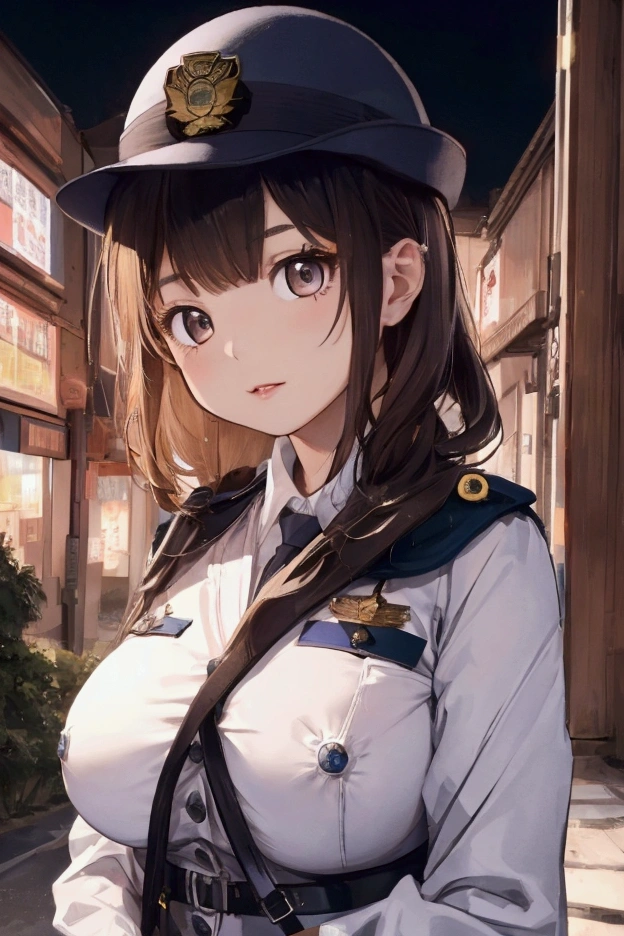 (ultra highres、ultra quality、Masterpiece、8k、),A girl with light  hair drawn in high resolution policewoman.japannse police woman、Young and cute 、Asian woman,s hot, Japanese Model, Cute Core,  , Chubby 、(big breast)、Town、Fluffy white blouse