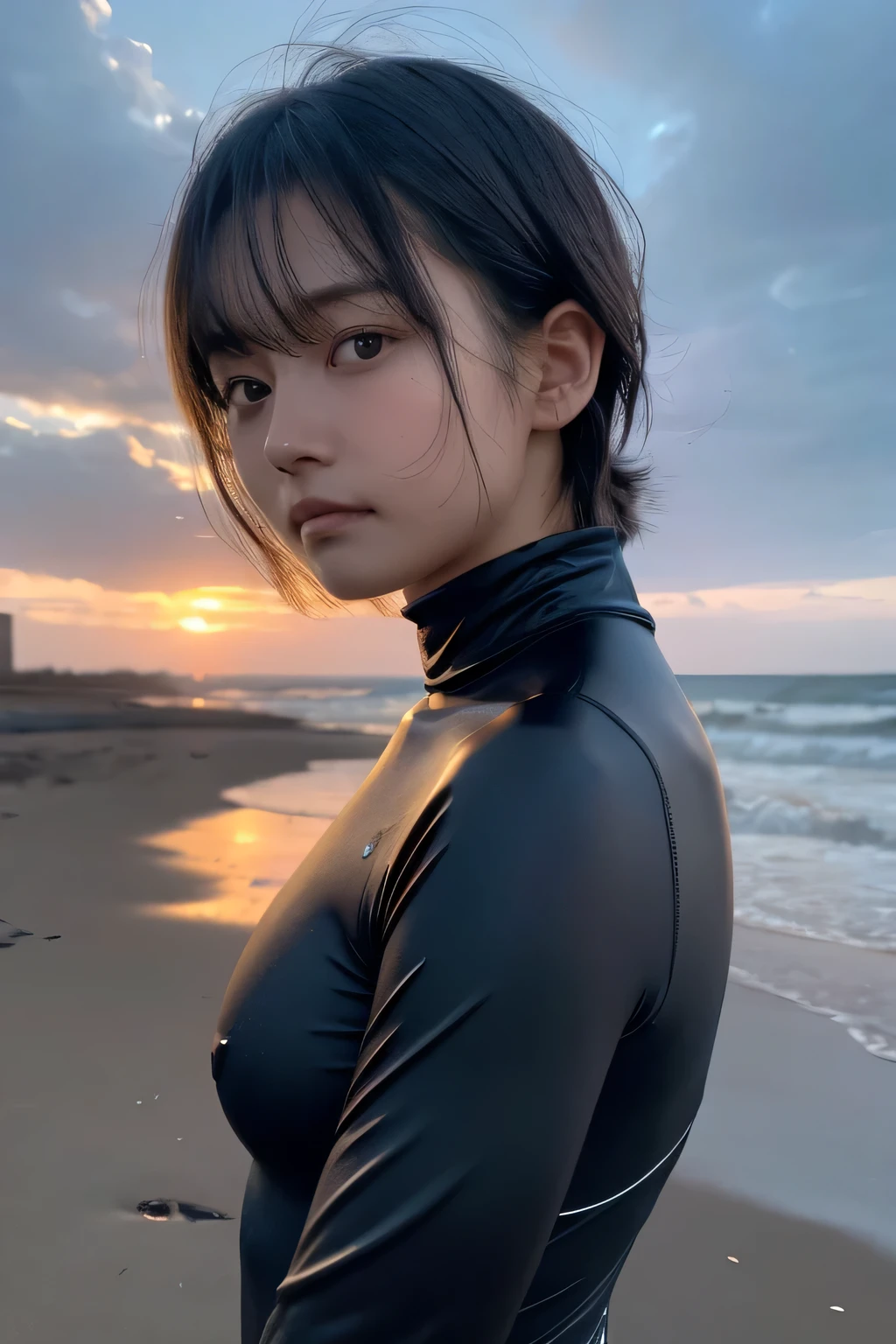 Hair blowing in the wind、Wet Skin、Wet Hair、Wet clothes、Coast at dusk,A cute girl with a face like a Japanese idol, 、((Baby Face))、Short Hair, A slim body built through sports、athlete、Small breasts、(Cinema Lighting),(Natural light),(High level of artistry),(artistic),(Indistinguishable quality from the real thing),{{RAW Photos}},{{Genuine}},High resolution,masterpiece, beautiful, Handsome Tomboy, Looks like a salon model, Cool face, nsfw,、Puzzled、shame、sleepy、(Spoiled:1.4), Cowboy Shot、Bold and sexy model pose、No sleeve、High neck、turtleneck、Two-piece swimsuit