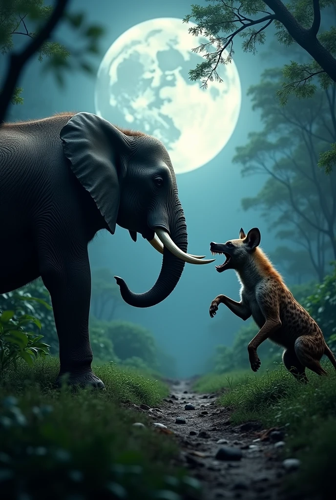 In a jungle, under moonlight, on the right side stands a hyena with its front paws raised for a fight. One paw is slightly ahead, and the other is a bit behind. Its mouth is open. On the other side, a tusked elephant is also standing, facing the hyena, with its front paws raised for the fight, and its mouth open."


