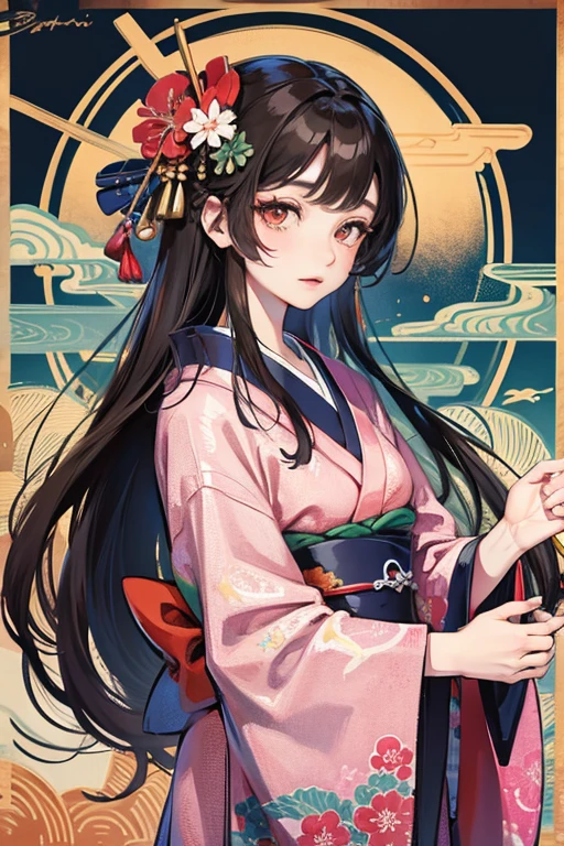 A beautiful woman in a kimono shows her upper white teeth、Vividly colored Japanese Ukiyo-e style illustrations、SeaArt creates stunning illustrations of beautiful women in kimono、Brown-black long hair、Beautiful full body style、Beautiful digital illustrations,、Beautiful digital painting, Bright and vivid anime CG art, Detailed digital anime art, Beautiful anime portraits