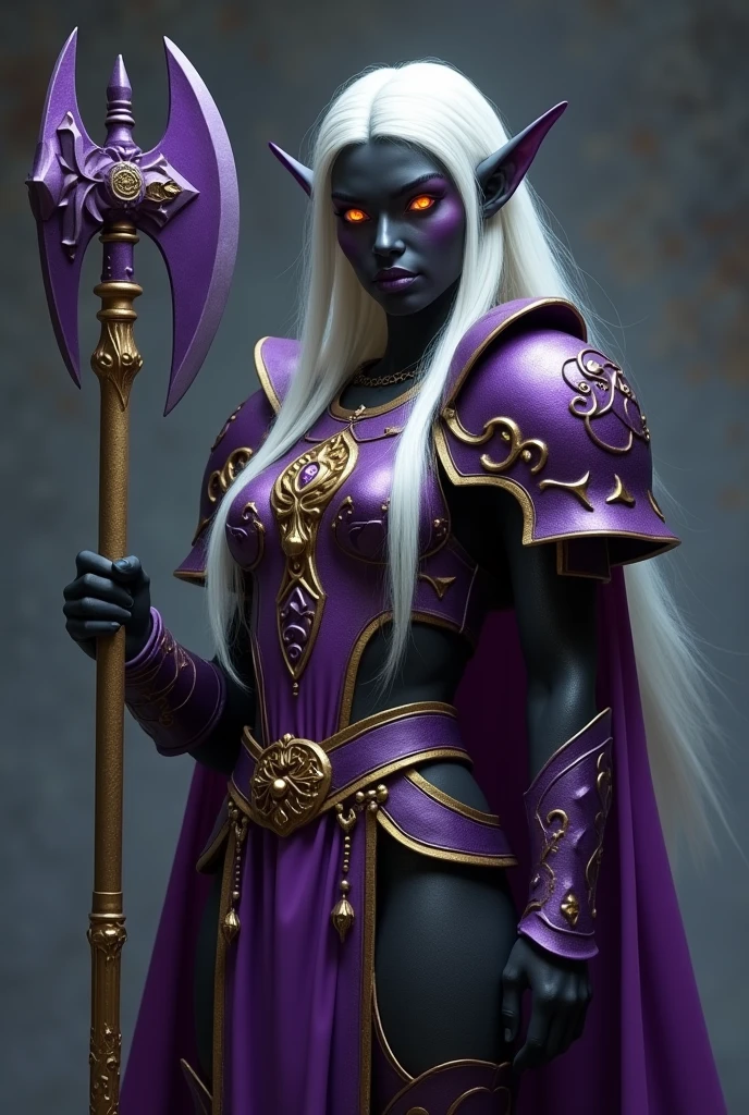 World of Warcraft Game Theme Image of a 32 year old white haired elf standing holding her favorite Battle Axe,dark black ebony Skin,blood elf Paladin Wow, Long elf ears, glowing Golden eyes, Dark Purple and Gold Armor, Dark Purple Pauldrons, Purple skull Pauldron, Gold and Purple Chestpiece, gauntlets, Dark Golden tabard,  dramatic tones. A masterpiece with the highest resolution. , Surrealist image type