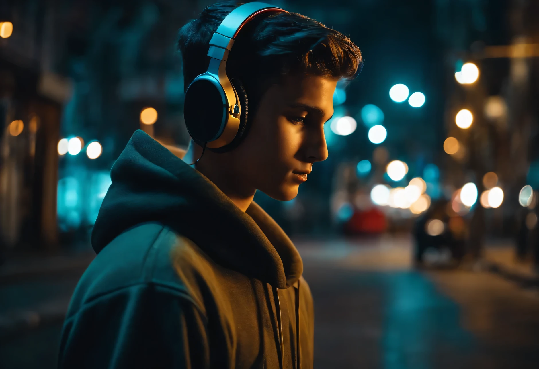 A boy with headphones in hoodie, in cyber city's street at night ,back Camara view ,