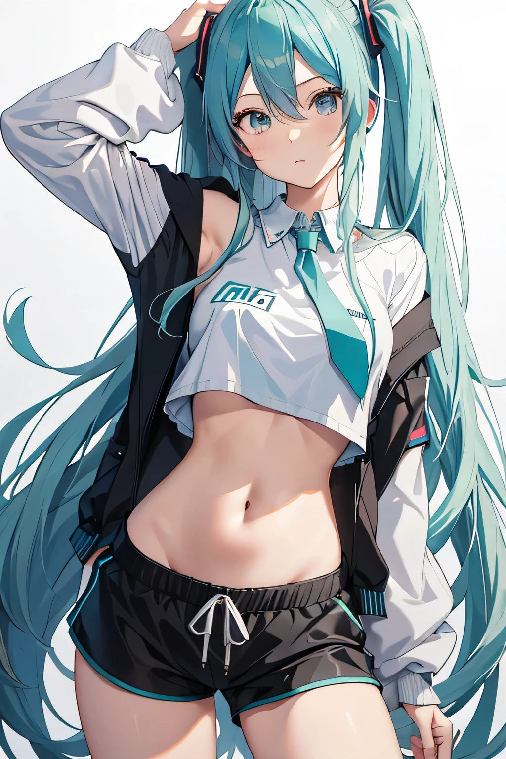 Hatsune Miku add_detail:1, Navel, I look at the viewer, hand on hip add_detail, Black jacket, lycra shorts, English, (white shirt:1.2), hair, Very long hair, wide hips,
Under the breast, shirt,
big\(Body proportions\), sensual pose add_detail