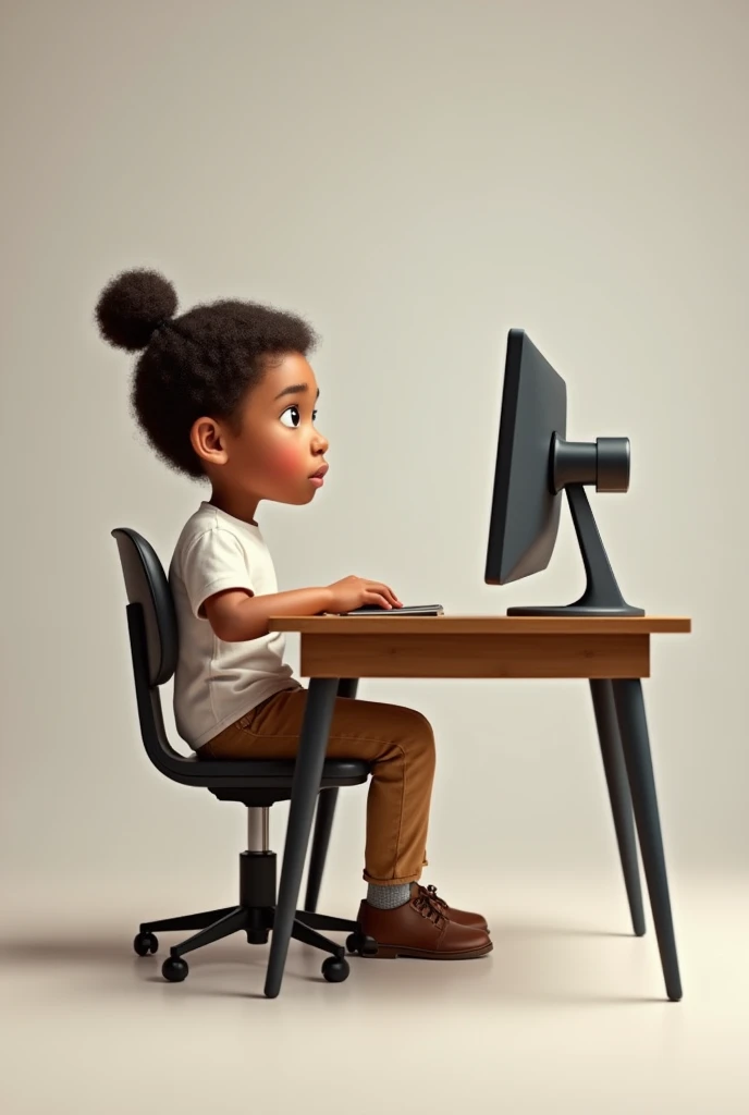 A kid who sitting on a chair and table and computer front and tolking front of camera with a plain full body