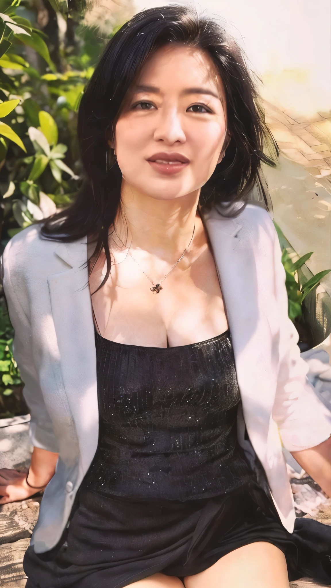 A middle-aged Japanese woman wearing a white business suit jacket is sitting on a bench with her hands behind her back,Black silk camisole,Her black maxi skirt is flipped up,clover shaped necklace,The strong sunlight filtering through the trees onto my face and body.,Dressed, (photo Realistic:1.4), (hyper Realistic:1.4), (Realistic:1.3), (Smoother lighting:1.05), (Improving the quality of lighting like a movie:0.9), 32K, 40-year-old Japanese woman, Realistic lighting,, Light on the face, Ray tracing, (Bright light:1.2), (Improvement of quality:1.4), (Highest quality realistic textured skin:1.4), Detailed drawn eyes, Detailed painted face, Quality eyes, (Tired, sleepy and satisfied:0.0), Upper body close-up, , (Enhance the mood of your body line:1.1), (Enhances the beauty of skin texture:1.1) 