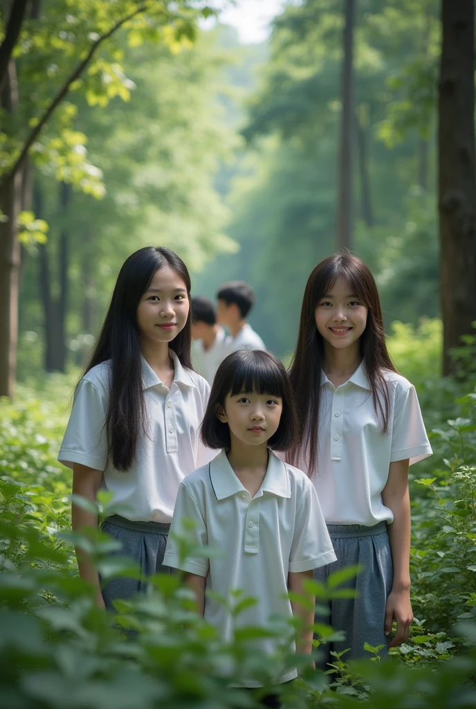 Chinese high school students，Wearing a white school uniform top，forest，Reality，Realistic Photography