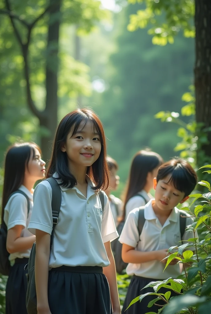 Chinese high school students,Wearing a white school uniform top,forest,Reality,Realistic Photography