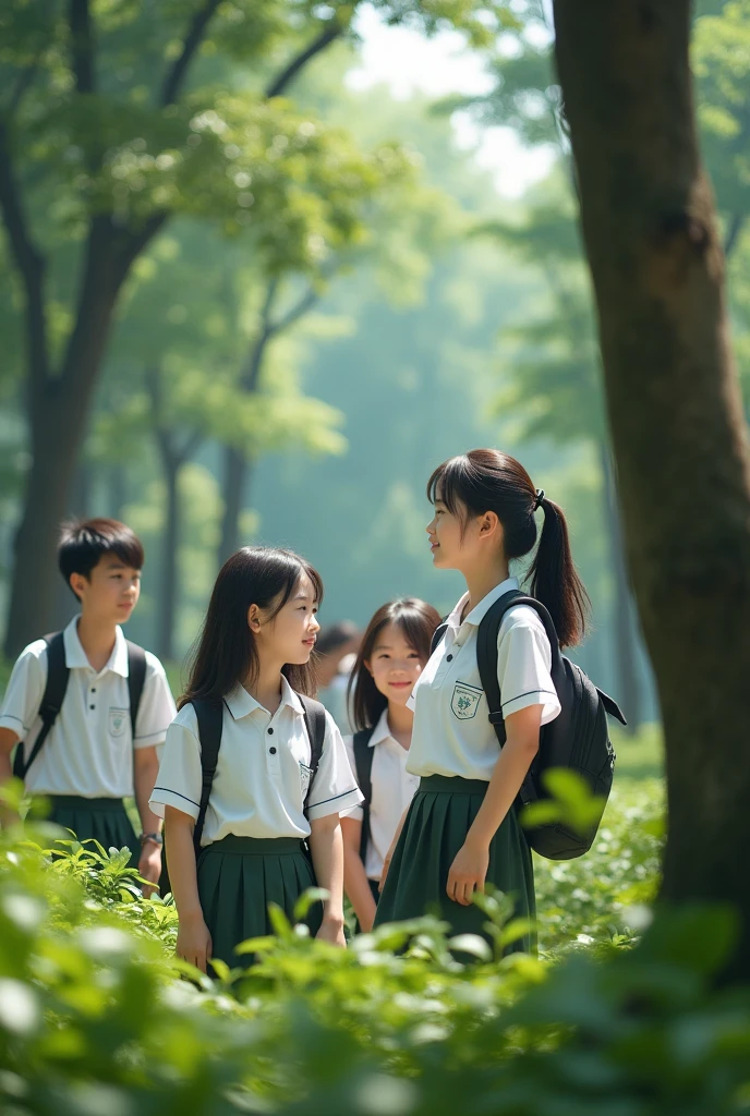 Chinese high school students,Wearing a white school uniform top,forest,Reality,Realistic Photography