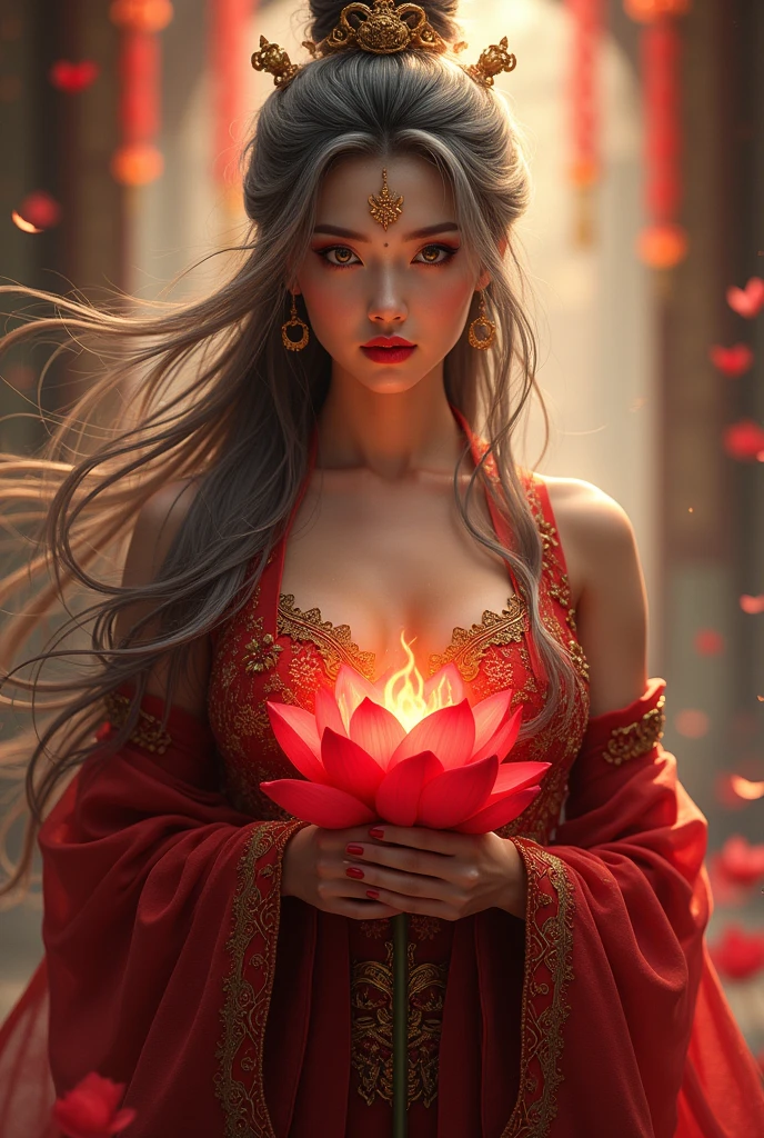 Most beautiful  xianxia female protagonist,cold face,red dark dominant fillamen and silver undertone long hair ,golden fiery eyes,use majestic garmen with dark Crimson red dominant fillamen,tight clothes,big breast,gokden pattern clothes,face detailed,lips detailed,thin red lips,golden rune scratch at fore head, held red lotus heavenly flames,lotus detailed,forehead detailed,better quality, masterpiece,24K ultra hd,super beautiful detail,goddess featuring