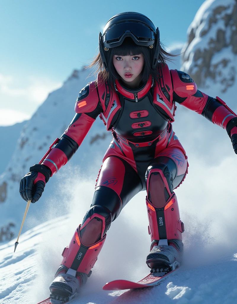 photo-realistic, ultra-realistic, very beautiful Japanese, famous Japanese idol, 20 years old, dramatic scene, masterpiece, beautiful eyes, cyber punk, (closeup to her beautiful face:1.3), (wearing cyber punk mecha armor suits made of hard plastic with neon marker:1.5), glossy hard plastic armor, (neon illuminated suits), (she is extremely acrobatic skiing:1.5), (fully equipped with futuristic ski equipment:1.3), amazing view of her dynamic movement, acrobatic pose, dynamic angle, spectacular, Nimble movements, Sharp turns, (very large breasts),