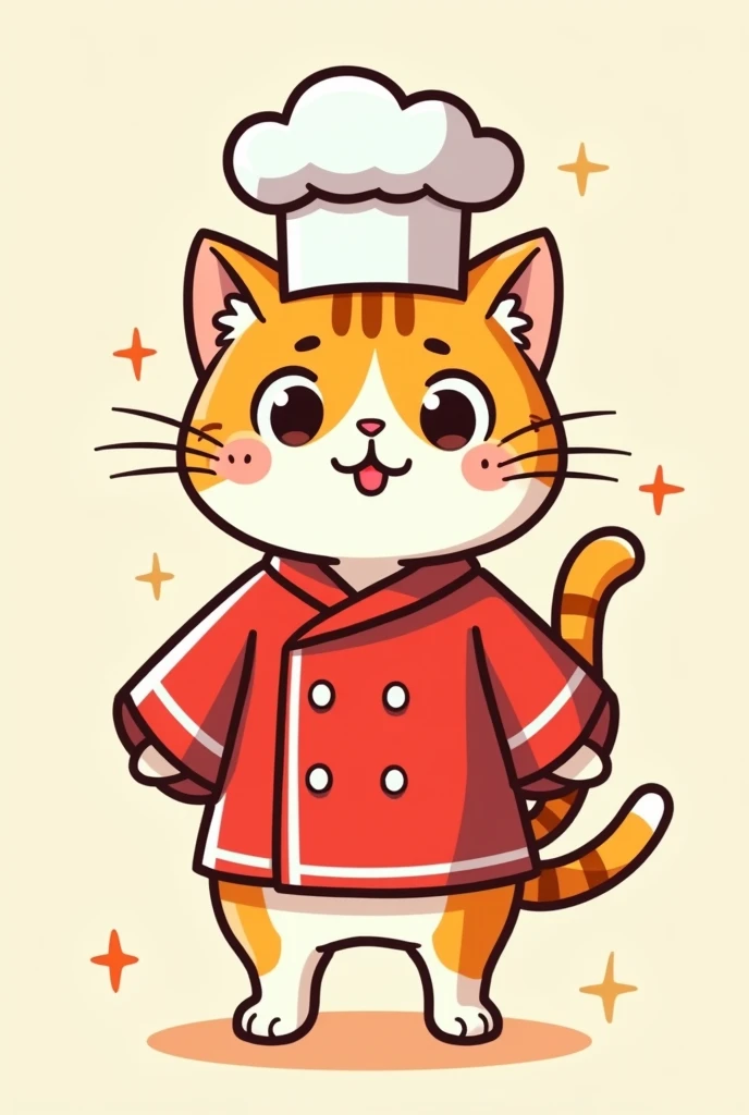a cute smiling chef cat, full body, wearing a chef hat and red shirt, look at directly at the camera, like lucky cat pose,, 2D flatdesign, japananese art illustration