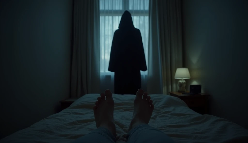 First person view, a dark shadow hunched figure in dark robe stands at the end of a bed, a blanket is covering a pair of the viewer's feet. It is midnight and the small room is dimly lit by an unseen night lamp 