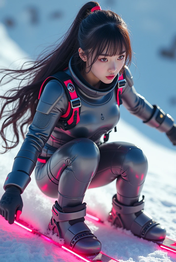 photo-realistic, ultra-realistic, very beautiful Japanese, famous Japanese idol, 20 years old, dramatic scene, masterpiece, beautiful eyes, cyber punk, (closeup to her beautiful face:1.3), (wearing cyber punk mecha armor suits made of hard plastic with neon marker:1.5), glossy hard plastic armor, (neon illuminated suits), (she is extremely acrobatic skiing:1.5), (fully equipped with futuristic ski equipment:1.3), amazing view of her dynamic movement, acrobatic pose, dynamic angle, spectacular, Nimble movements, Sharp turns, (very large breasts),