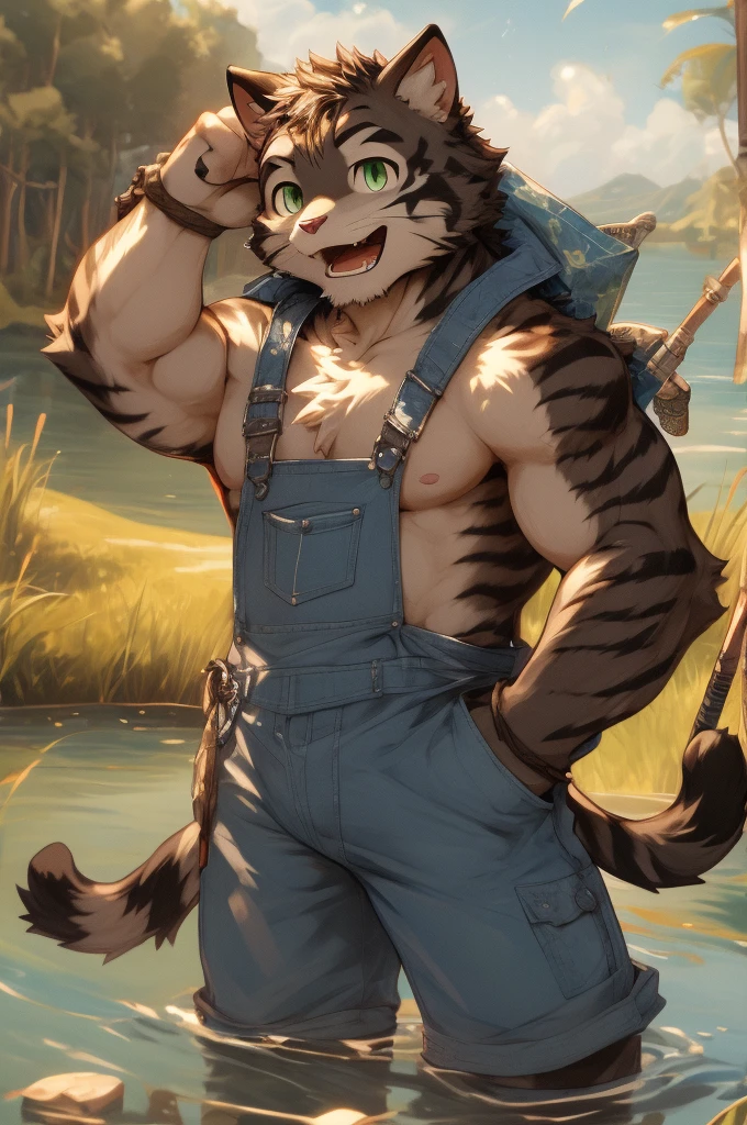 Furry, black cat, boy, green eyes, slim, skinny, fisherman, holding fishing rod, standing on small dock, lake, wearing overalls, partly visible chest, small crotch bulge, looking enthusiastic, looking innocent, high resolution, high quality