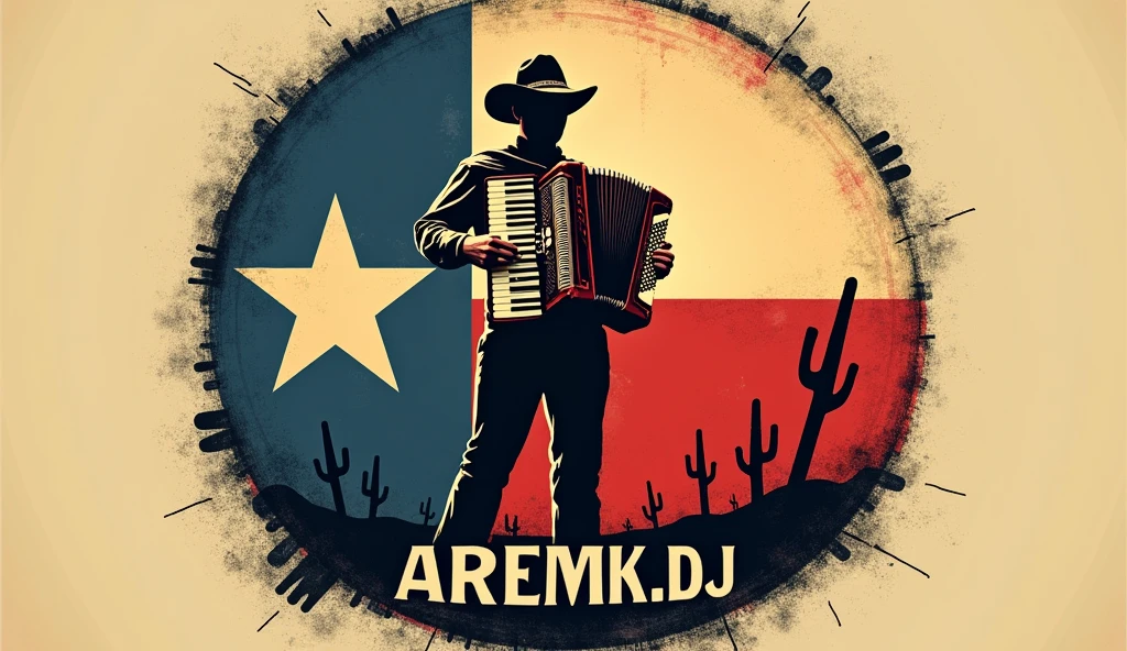
A circle-shaped logo with the name "Aremk D.j." in bold buffalo font. Below is a cowboy accordion player in a traditional outfit. The accordionist is standing against a background with the Texas flag. The accordionist has a gabanelli button accordion. Below the accordion player, the words "Tentacion Texana" are written in a buffalo font