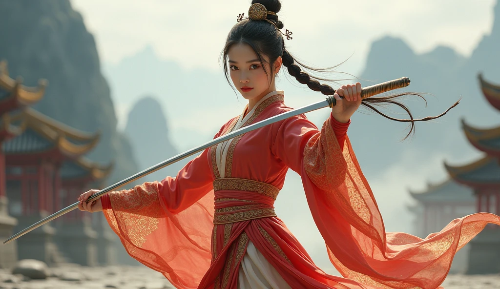 Create a dynamic and visually stunning 3D scene of a beautiful Chinese woman with a sweet, delicate face and flowing red hair, dressed in an elegant traditional Chinese outfit. She is gracefully wielding a sword, caught in mid-swing, as she performs an intricate martial arts move on the Great Wall of China. The setting should reflect a classic wuxia (martial arts) style, with the woman’s robes billowing in the wind and her sword gleaming under the soft light of the setting sun. The Great Wall should stretch out behind her, with majestic mountains in the background, and a few cherry blossom petals drifting through the air to enhance the ethereal and powerful atmosphere. The overall tone should convey a sense of strength, grace, and beauty, capturing the essence of classic Chinese martial arts films