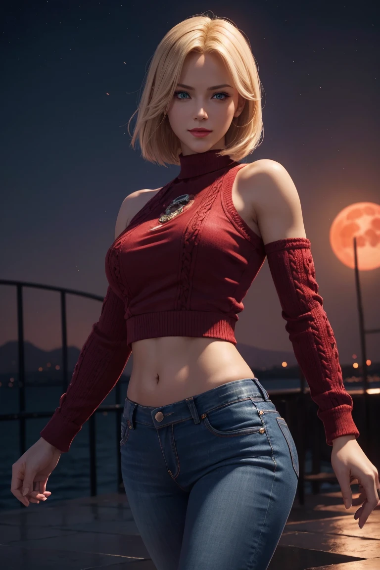 KOF,King of Fighters,Blue Mary,Blue Eyes,Blonde Hair,Medium Hair,Beautiful white skin,Photorealistic,Ultra HD,high quality,masterpiece,Digital SLR,Detailed details,Intricate details,Anatomical basis,Depicted in detail,A detailed face,Realistic skin texture,Vivid details,Perfect Anatomy,Perfect Anatomy,Anatomically correct hand,Anatomically correct fingers,Super Detail,Complex 3D rendering,Sexy pose,Red knitted tops,No sleeve,jeans,Fantasy worldview,Beautiful red sea,Beautiful Red Moon,Beautiful night sky,Petals of roses dance,Picturesque,Pink Lips,smile,