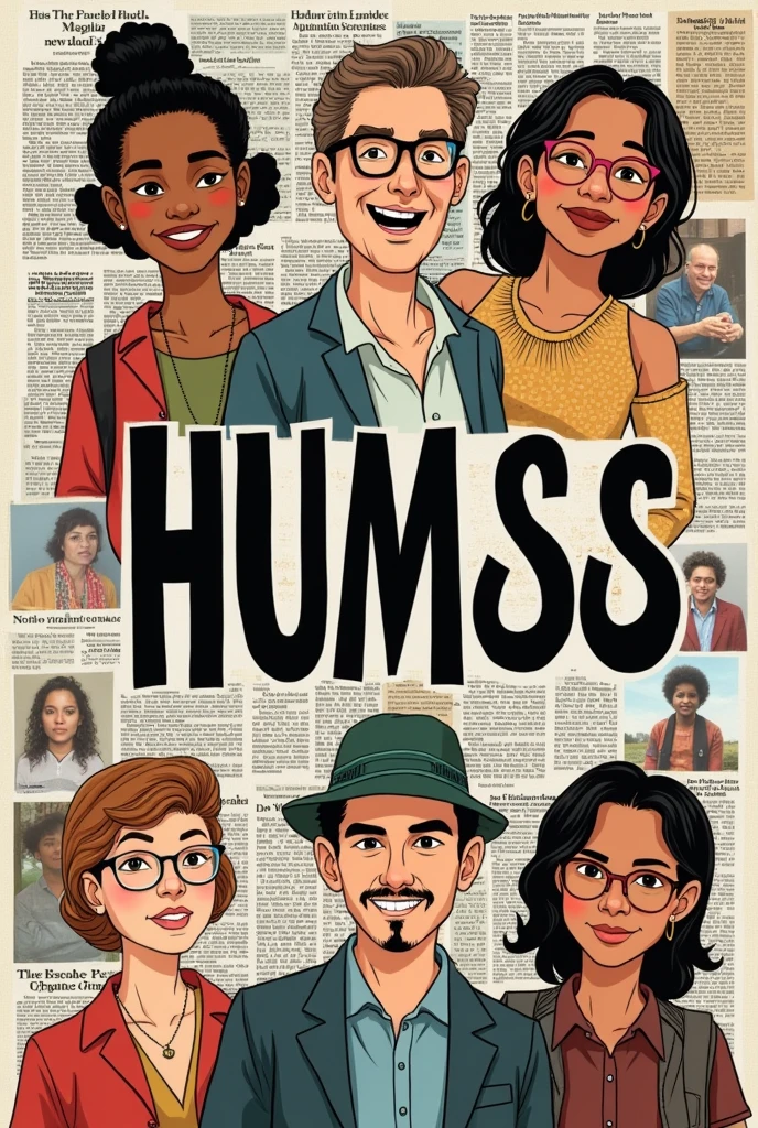 create a cover photo with newspaper cut outs background showing helping of people and issues in the country and collage letters saying " HUMSS 3" with humanities and social sciences ( cartoon work)