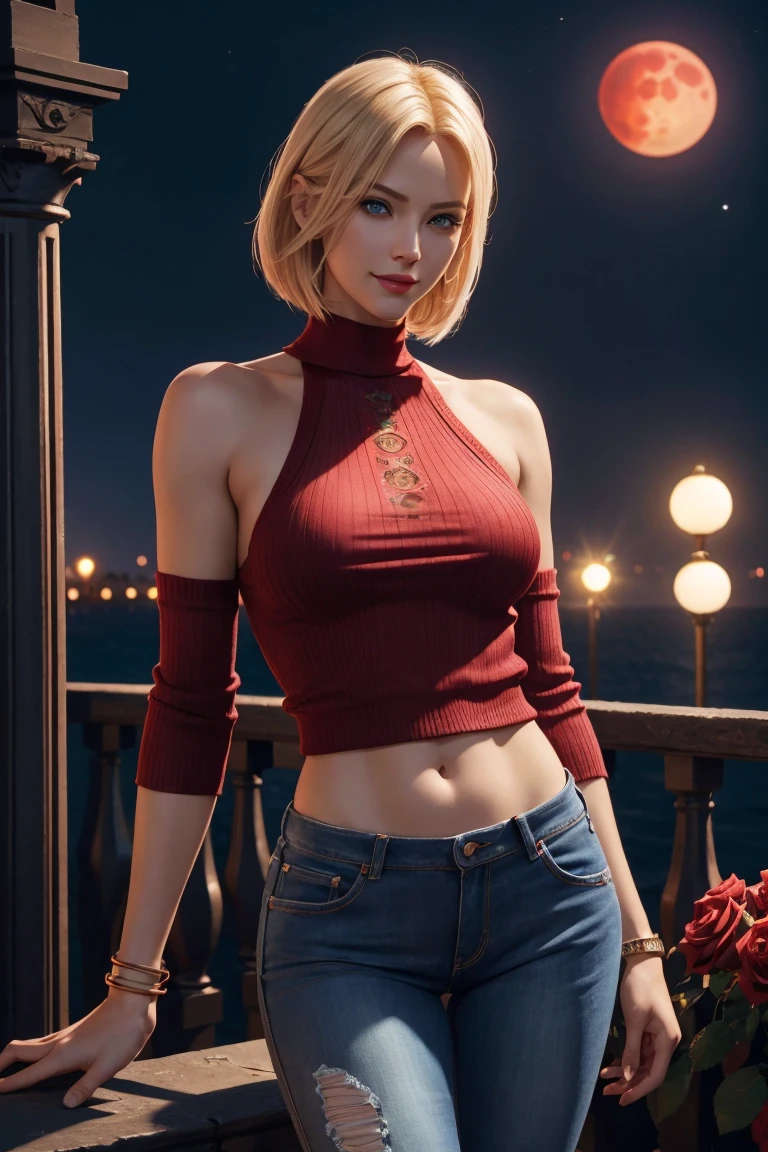 KOF,King of Fighters,Blue Mary,Blue Eyes,Blonde Hair,Medium Hair,Beautiful white skin,Photorealistic,Ultra HD,high quality,masterpiece,Digital SLR,Detailed details,Intricate details,Anatomical basis,Depicted in detail,A detailed face,Realistic skin texture,Vivid details,Perfect Anatomy,Perfect Anatomy,Anatomically correct hand,Anatomically correct fingers,Super Detail,Complex 3D rendering,Sexy pose,Red knitted tops,No sleeve,jeans,Fantasy worldview,Beautiful red sea,Beautiful Red Moon,Beautiful night sky,Petals of roses dance,Picturesque,Pink Lips,smile,