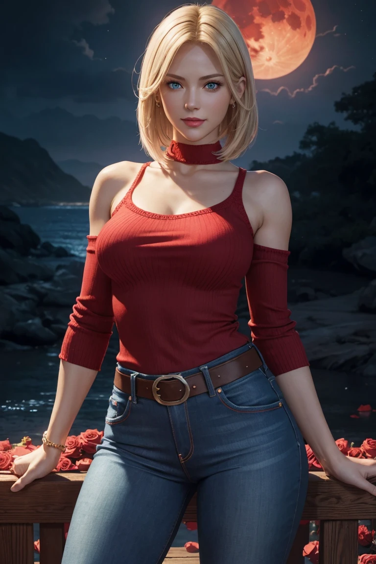 KOF,King of Fighters,Blue Mary,Blue Eyes,Blonde Hair,Medium Hair,Beautiful white skin,Photorealistic,Ultra HD,high quality,masterpiece,Digital SLR,Detailed details,Intricate details,Anatomical basis,Depicted in detail,A detailed face,Realistic skin texture,Vivid details,Perfect Anatomy,Perfect Anatomy,Anatomically correct hand,Anatomically correct fingers,Super Detail,Complex 3D rendering,Sexy pose,Red knitted tops,No sleeve,jeans,Fantasy worldview,Beautiful red sea,Beautiful Red Moon,Beautiful night sky,Petals of roses dance,Picturesque,Pink Lips,smile,