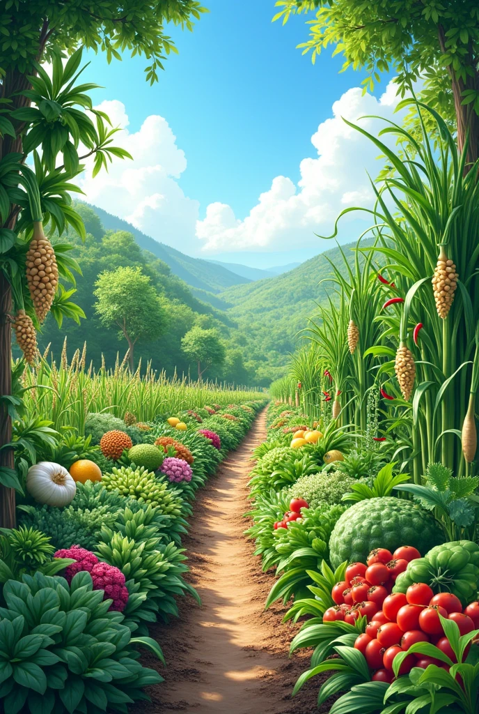 Vegetable garden, coriander, pepper plants, garlic, ginger, sugarcane plants, soybeans, green beans, sesame, glutinous rice plants, wheat plants, onions, celery, chili plants, lemon plants