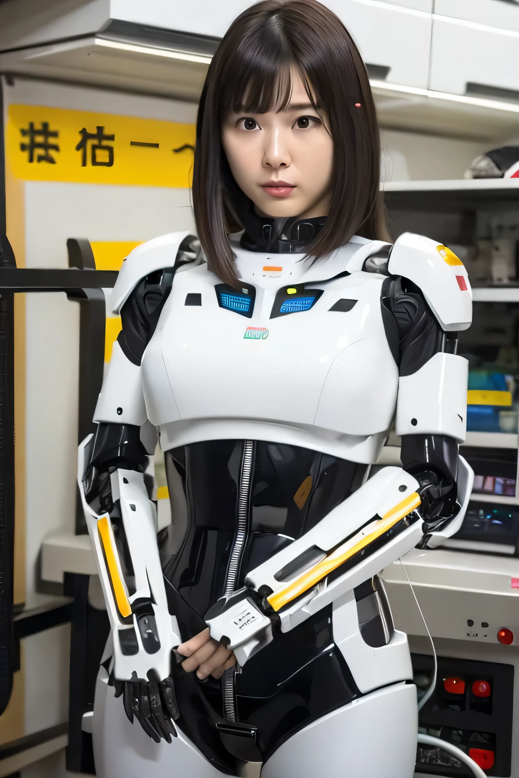 masterpiece, best quality, extremely detailed,  Japaese Cyborg girl,Plump , control panels,android,Droid,Mechanical Hand, Robot arms and legs, Black Robot Parts,Black hair,Mechanical body,Blunt bangs,White robotics parts,perfect robot girl,long tube,thick cable connected her neck,ceramic body ,mechanical body, mechanical ear cover, mechanical costume,android,robot,humanoid,cyborg,japanese android woman ,mechanical chest,full eyes,future laboratory,connecting a cable between the legs,blank eyes,hypnosis