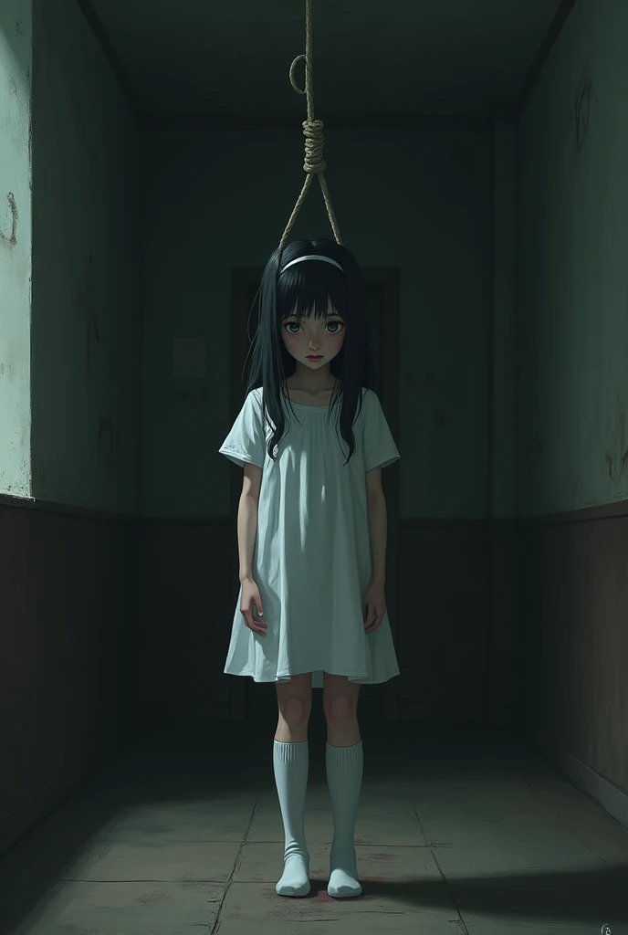 The girl in white high socks is hanging herself.