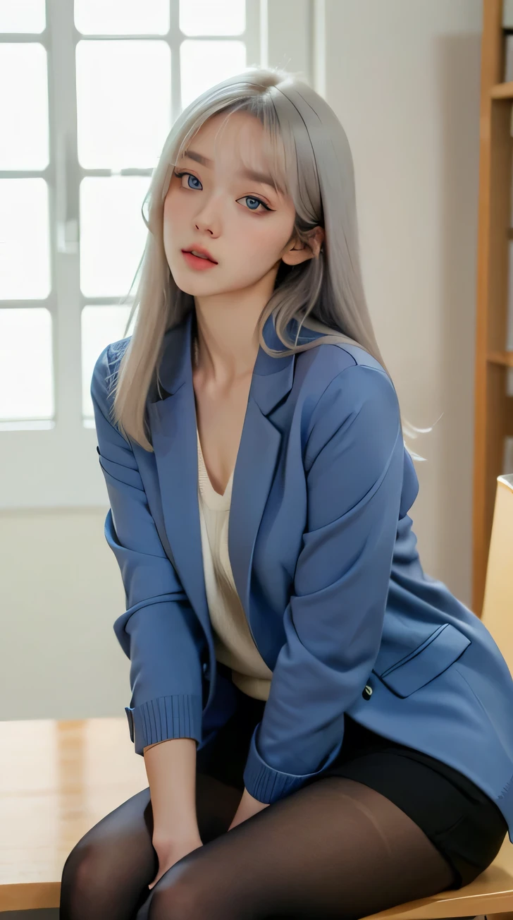 best quality, masterpiece, silver hair,  sweater, pantyhose, blue eyes, mature, office lady, [light blue jacket], 

(vibrant colors), solo, (dalcefo, sakimistyle:1.1), Pilyeon, (stare, realistic, lips, eyelashes:0.75),

office, modern office, high-rise, colorful room, sitting on table,

 