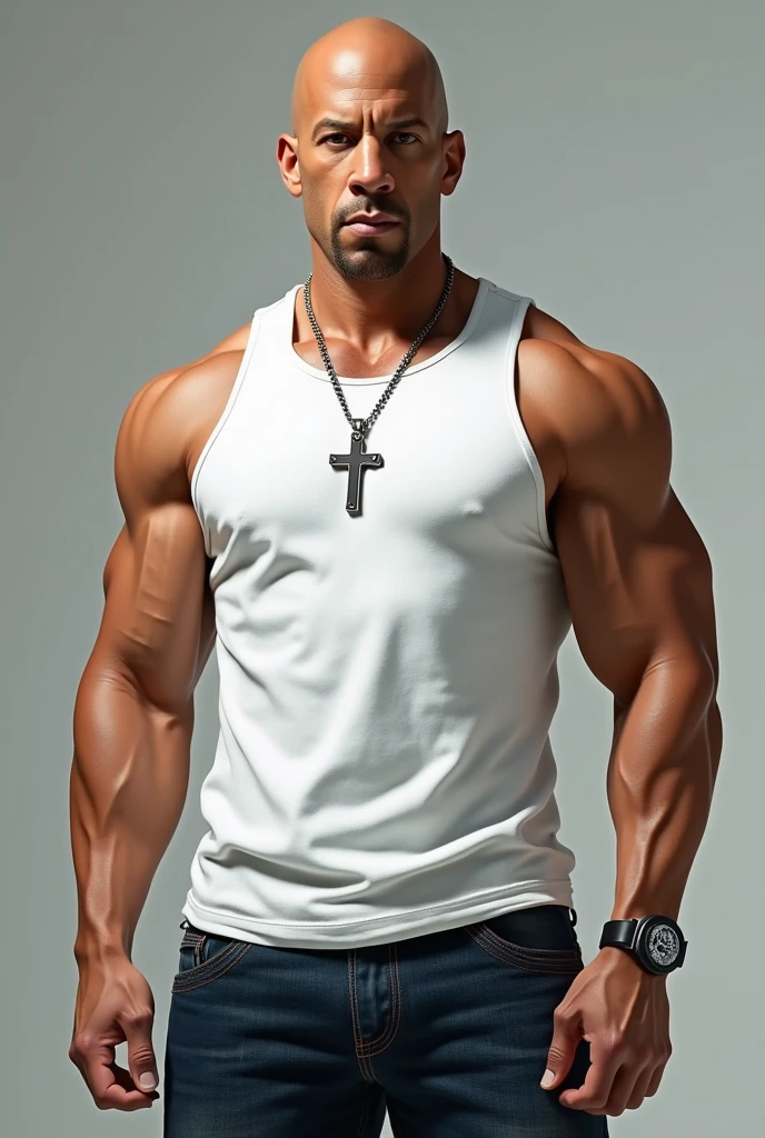 Photorealistic, 64K, A Vin Diesel [white singlet shirt, wearing cross neclace small stainless liontine, blue dark jeans pants], standing up,