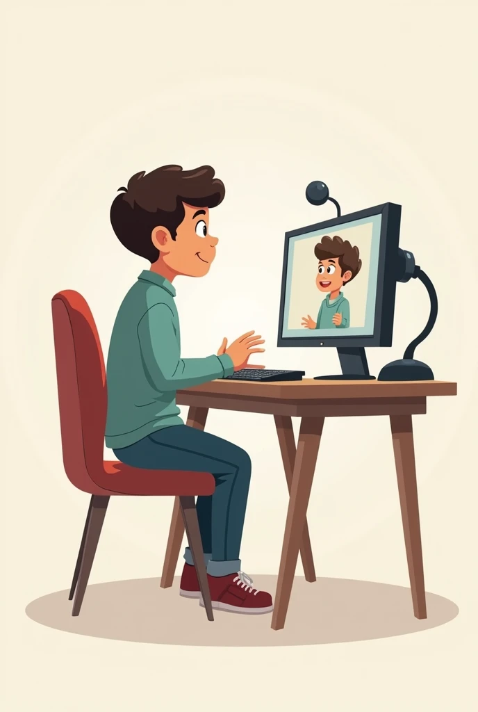 A kid who sitting on a chair and table and computer front and tolking front of camera with a plain full body