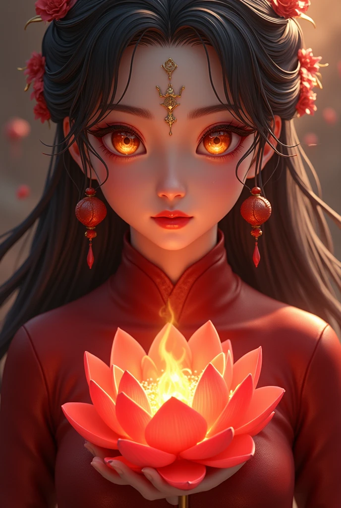 Most beautiful 6 Yo xianxia female protagonist,cold face,red dark dominant fillamen and silver undertone long hair ,golden fiery eyes,use majestic garmen with dark Crimson red dominant fillamen,tight clothes,big breast,gokden pattern clothes,face detailed,lips detailed,thin red lips,golden rune scratch at fore head, held red lotus heavenly flames,lotus detailed,forehead detailed,better quality, masterpiece,24K ultra hd,super beautiful detail,goddess featuring