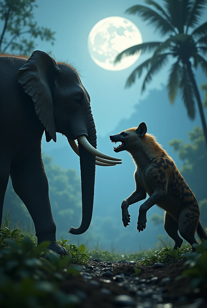 In a jungle, under moonlight, on the right side stands a hyena with its front paws raised for a fight. One paw is slightly ahead, and the other is a bit behind. Its mouth is open. On the other side, a tusked elephant is also standing, facing the hyena, with its front paws raised for the fight, and its mouth open."


