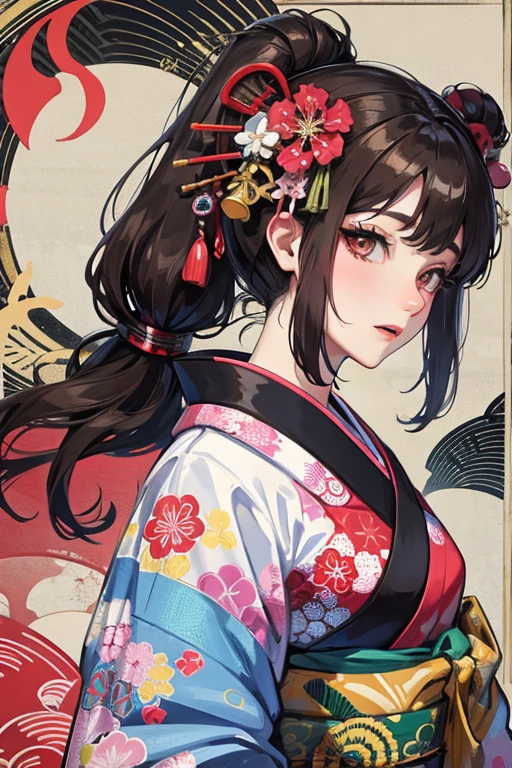 A beautiful woman in a kimono shows her upper white teeth、Vividly colored Japanese Ukiyo-e style illustrations、SeaArt creates stunning illustrations of beautiful women in kimono、Brown-black long hair、Beautiful full body style、Beautiful digital illustrations,、Beautiful digital painting, Bright and vivid anime CG art, Detailed digital anime art, Beautiful anime portraits
