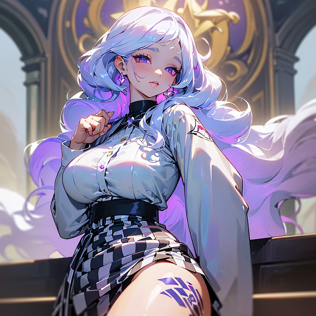 ((ultra quality)), ((masterpiece)), ((Angelic beauty woman)), ((long white curly hair)), ((White hair)), ((fluffy white hair)), ((curly hair)), (beautiful face), (beautiful thick lips), Enchanting ((Calm facial expression)), looks at the camera with a slight smile, (White skin color), (White skin), glow on the body, ((detailed eyes)), ((tattoos)), ((a tattoo on the back)), ((violet eyes)), (juicy female lips), ((Checkered skirt and white shirt)), (dark eyeliner), (beautiful female hands), ((thick body)), ideal female body, beautiful waist, beautiful big hips, big breasts, thick thighs, ((Divine and beautiful)) (), ((depth of field)), ((high quality clear image)), (delete details), ((High detail)), ((clear focus))