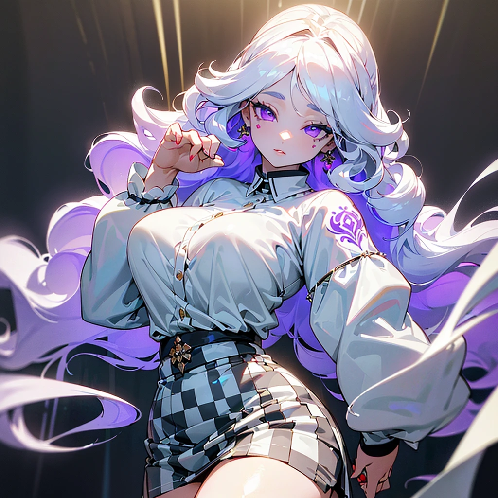 ((ultra quality)), ((masterpiece)), ((Angelic beauty woman)), ((long white curly hair)), ((White hair)), ((fluffy white hair)), ((curly hair)), (beautiful face), (beautiful thick lips), Enchanting ((Calm facial expression)), looks at the camera with a slight smile, (White skin color), (White skin), glow on the body, ((detailed eyes)), ((tattoos)), ((a tattoo on the back)), ((violet eyes)), (juicy female lips), ((Checkered skirt and white shirt)), (dark eyeliner), (beautiful female hands), ((thick body)), ideal female body, beautiful waist, beautiful big hips, big breasts, thick thighs, ((Divine and beautiful)) (), ((depth of field)), ((high quality clear image)), (delete details), ((High detail)), ((clear focus))