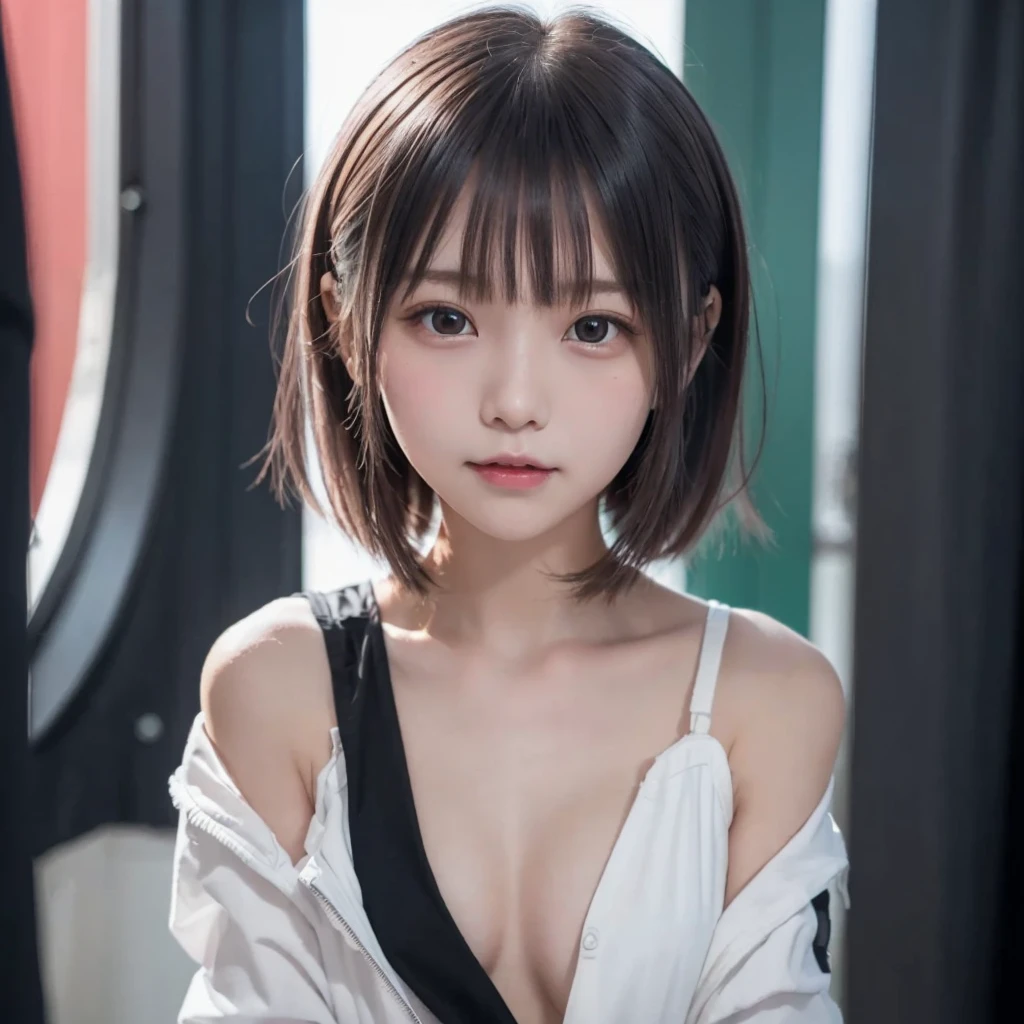 Highest quality、8k,(((Beautiful girl small breasts))),Wearing a black jacket、Cyberpunk Red Green Background、(((Upper body naked))),smile,(((Small body))),(((Cute  sister))),、、Round face,Big eyes, Round eyes、No makeup、Sweaty、A face like a junior