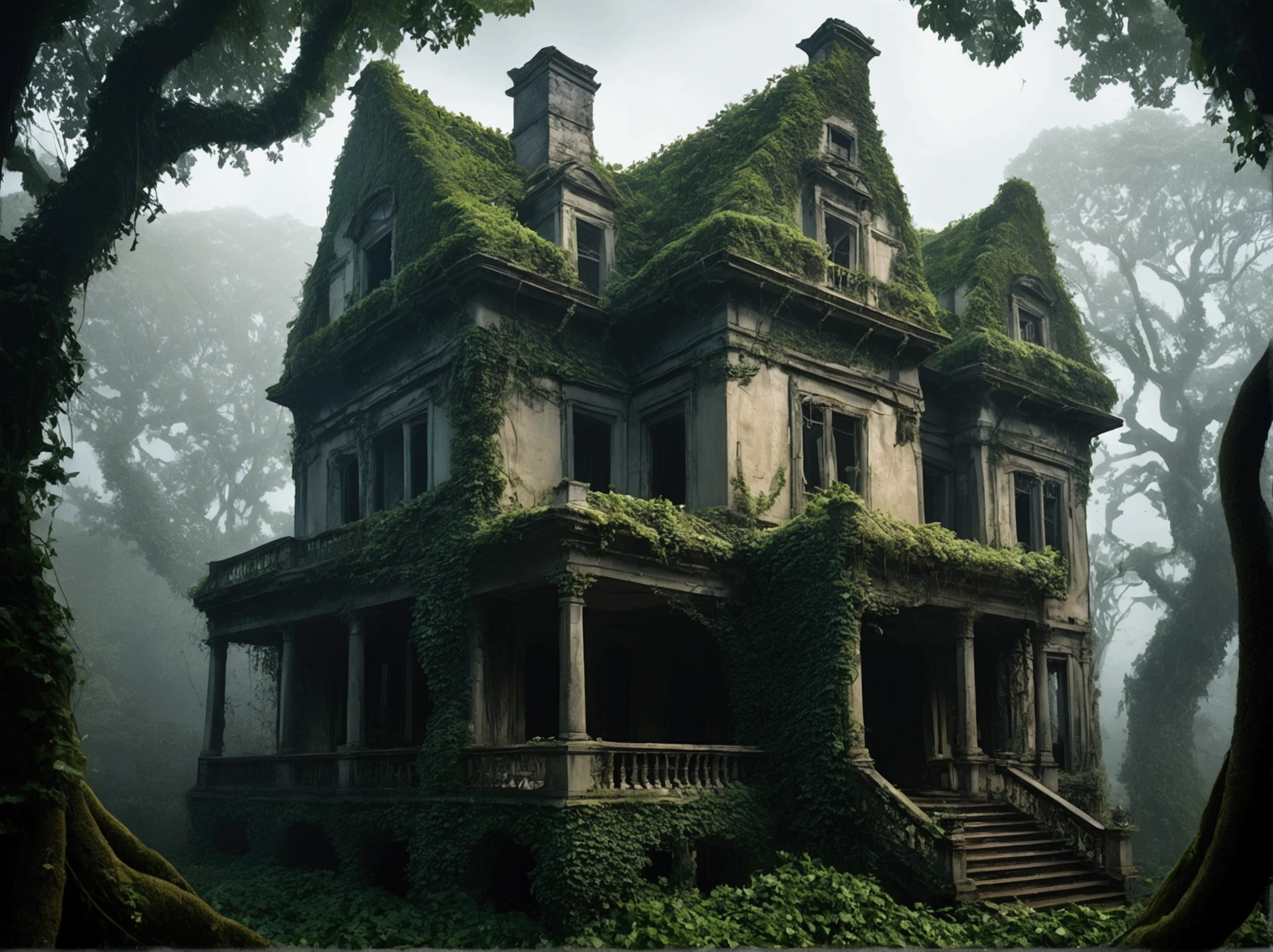 "A dense forest with twisted, ancient trees. In the middle, a dilapidated, eerie mansion stands with broken windows and ivy crawling up the walls. The atmosphere is filled with a thick, ominous mist."