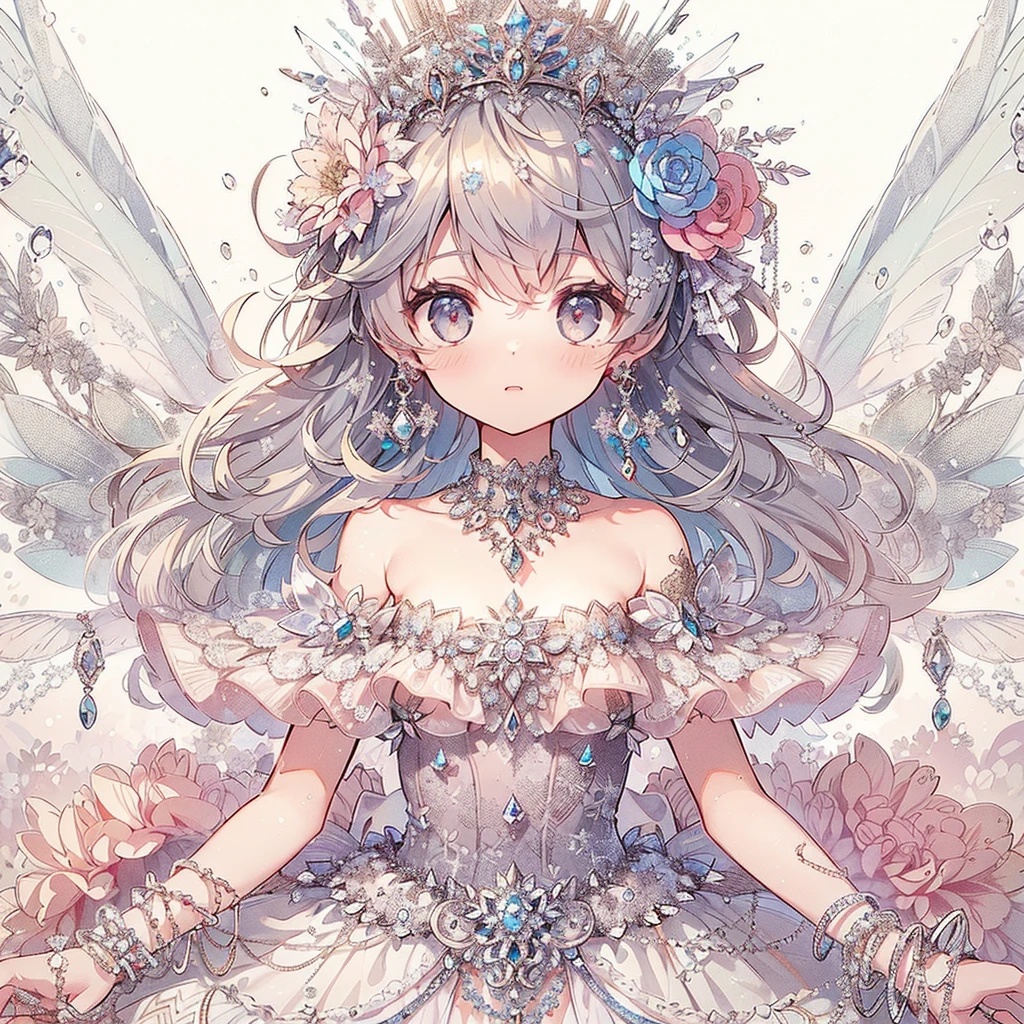 (Exquisite, beautiful, Very detailed, masterpiece, high quality, High resolution),(Soft and thin lines: 1.2, Beautiful and delicate face, Pixiv-inspired anime illustration,Illustration style printed on nijijourney, A cute illustration style of a beautiful girl in pastel colors that is going viral among Japanese people on Twitter),Shot from a distance so that the whole body is visible, (In the dark, freezing cold scenery, an ice fairy princess with diamond fairy wings growing from her back is floating in the air, her hands wrapped in white cold air and ice magic, and she is using beautiful ice magic.),Frozen surface, flowers, and trees,Ice crystals, (Ice tiara, earrings, necklace, and Mond bracelet,Diamond Rings,), ((A gorgeous ball gown dress with lots of frills inspired by ice and snow.:1.1, Balloon sleeves, Diamonds and ribbons and lace and frills, Beautiful diamond fairy wings from the back:1.5)), (Cold-hearted,A cool look,Pale pink, plump lips,Fair skin, Transparent eyes,Large Bust,Good style),snow,Ice crystals