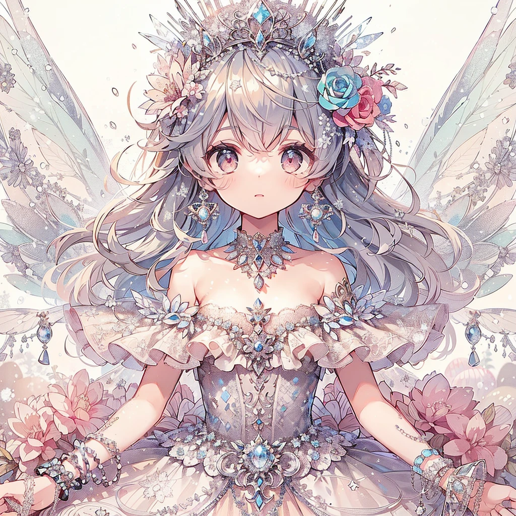 (Exquisite, beautiful, Very detailed, masterpiece, high quality, High resolution),(Soft and thin lines: 1.2, Beautiful and delicate face, Pixiv-inspired anime illustration,Illustration style printed on nijijourney, A cute illustration style of a beautiful girl in pastel colors that is going viral among Japanese people on Twitter),Shot from a distance so that the whole body is visible, (In the dark, freezing cold scenery, an ice fairy princess with diamond fairy wings growing from her back is floating in the air, her hands wrapped in white cold air and ice magic, and she is using beautiful ice magic.),Frozen surface, flowers, and trees,Ice crystals, (Ice tiara, earrings, necklace, and Mond bracelet,Diamond Rings,), ((A gorgeous ball gown dress with lots of frills inspired by ice and snow.:1.1, Balloon sleeves, Diamonds and ribbons and lace and frills, Beautiful diamond fairy wings from the back:1.5)), (Cold-hearted,A cool look,Pale pink, plump lips,Fair skin, Transparent eyes,Large Bust,Good style),snow,Ice crystals