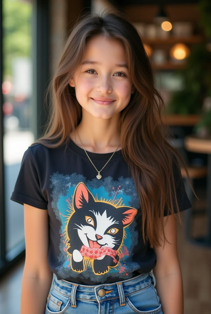 17 year old boy with an attractive and youthful appearance. She has fair skin and large, expressive brown eyes.. Her hair is long, straight, and wears it loose or with some soft waves. Wear modern and casual clothes, like a fitted t-shirt with a bold design and high-waisted jeans. It could be in an urban environment, like a coffee shop or a park, and can have a simple accessory style, like a delicate necklace or bracelet."