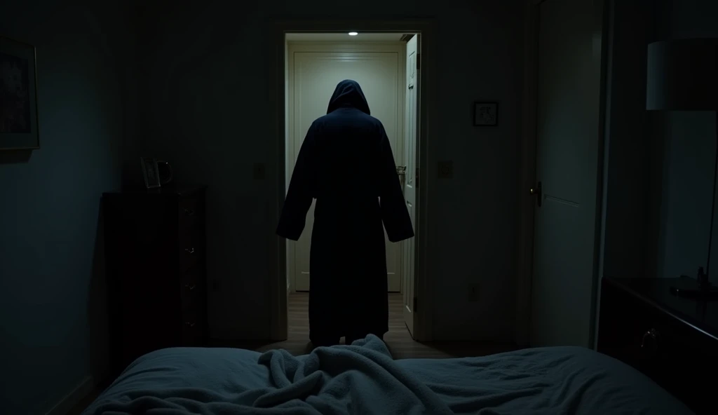 First person view, a dark shadow hunched figure in dark robe stands in front of the closed door, a blanket is covering a pair of the viewer's feet. It is midnight and the small bedroom is dimly lit by an unseen night lamp
