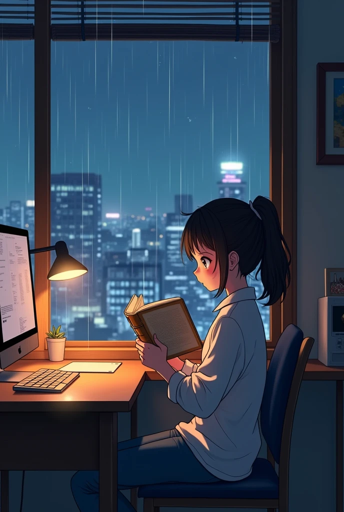 "Create an anime-style illustration of a young girl sitting by a window, reading a book with a cozy and inviting atmosphere. The scene is set in a modern Tokyo apartment with a desk and computer next to the window. The girl should have a calm and focused expression, dressed in comfortable clothing. The window should show raindrops falling, with a blurred view of Tokyo’s cityscape in the background, including high-rise buildings and city lights. The room should have warm, soft lighting that enhances the reading environment. Ensure the desk and computer are neatly arranged, adding to the cozy and productive ambiance of the scene."