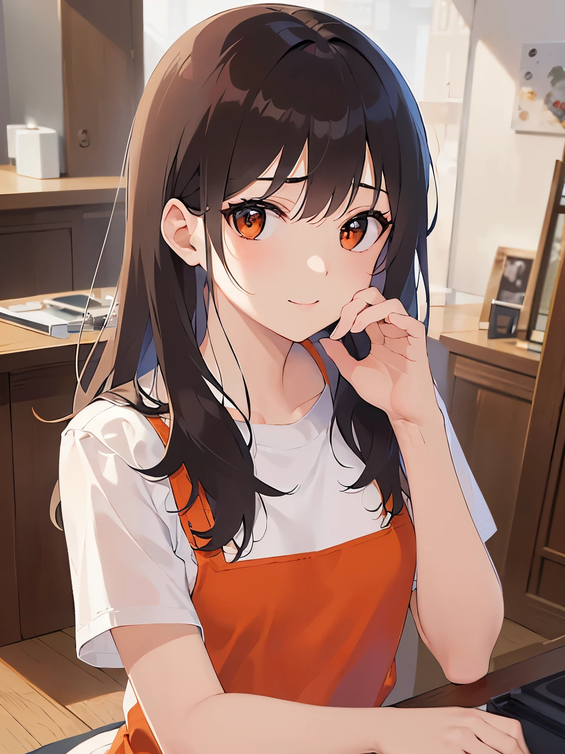hand on own face、Shooting from above、thin arms、emaciated, (scrawny:1.3), (small:1.5) and (breasts)、Upper Body, Highest quality、masterpiece、(A 25-year-old woman with medium-length hair and bangs) and (wavy hair) and (brown hair) and (orange eyes) , Wearing a white T-shirt 、Red Apron、smile, The background is the living room、Alone、Are standing、